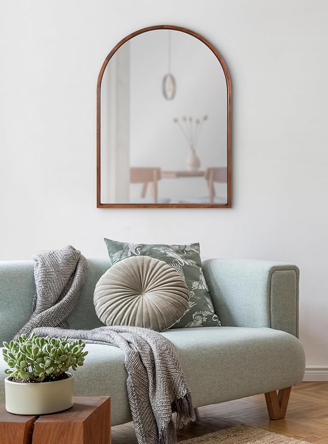 Kate and Laurel Valenti Mid-Century Modern Arched Wall Mirror; 24 x 32; Walnut Brown; Sophisticated Modern Arch Mirror for Use as Bathroom Mirror for Vanity or Fireplace Mantel Mirror