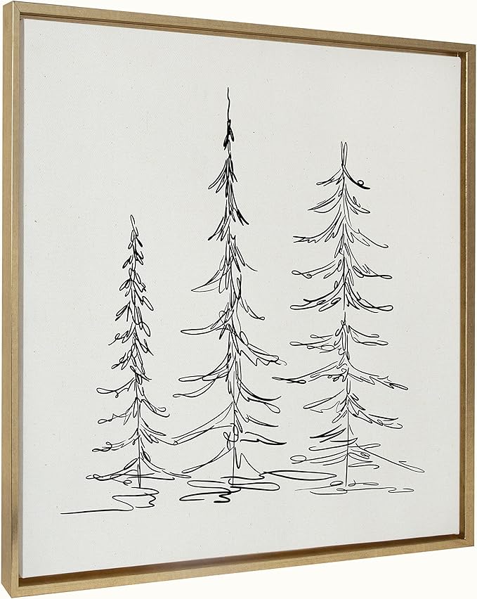 Kate and Laurel Sylvie Minimalist Evergreen Trees Sketch Framed Linen Textured Canvas Wall Art by The Creative Bunch Studio, 30x30 Gold, Chic Modern Art for Wall
