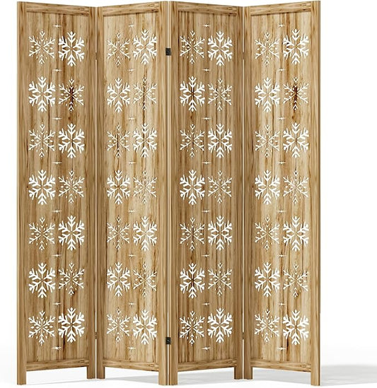 Casaphoria 4 Panels Room Divider, Folding Screen Room Divider with Snowflake Pattern for Home Office, Restaurant and Bedroom, Paulownia Wood, 66" W x 67" H (Natural)