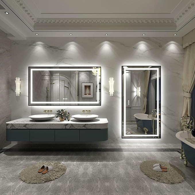 55x30 Black Framed LED Bathroom Mirror, Dimmable Vanity Mirror with Lights for Wall, Anti-Fog, Memory, Shatterproof, Backlit and Front Lights, ETL Listed