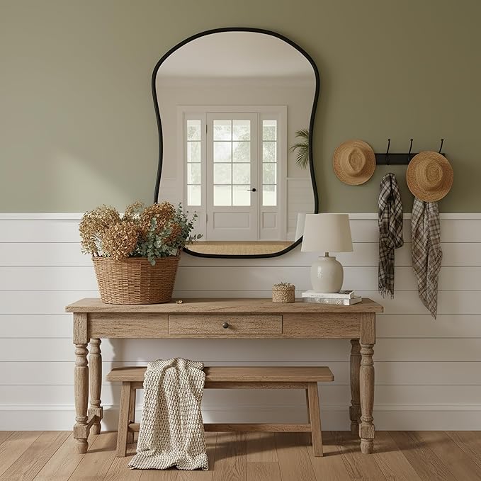 Asymmetrical Wall Mirror 24 * 32 Black Irregular Abstract Shatter-Proof Aluminum Alloy Decorative Wavy Framed Makeuop Mirrors for Bathroom, Bedroom, Cloakroom, Entryway