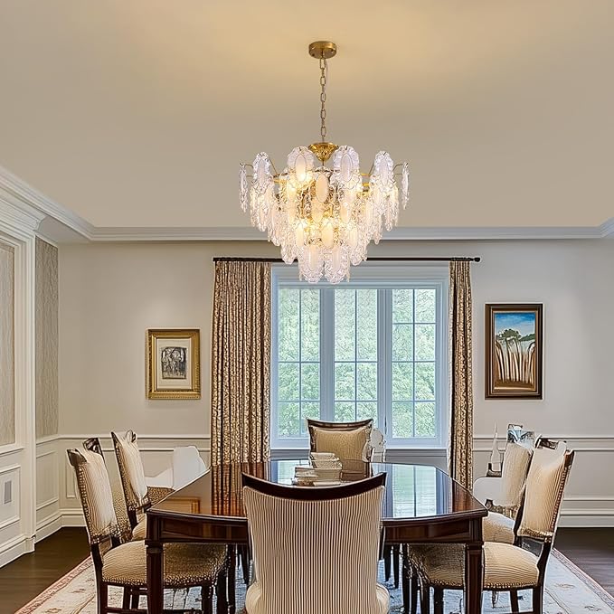 7PM Modern Gold Glass Chandelier, 5-Layer Antique Crystal Chandeliers 12 Light Round Pendant Ceiling Fixture 59" Hanging Adjustable Chain for Foyer, Living Room, Bedroom, Dining Room 27.5 inch