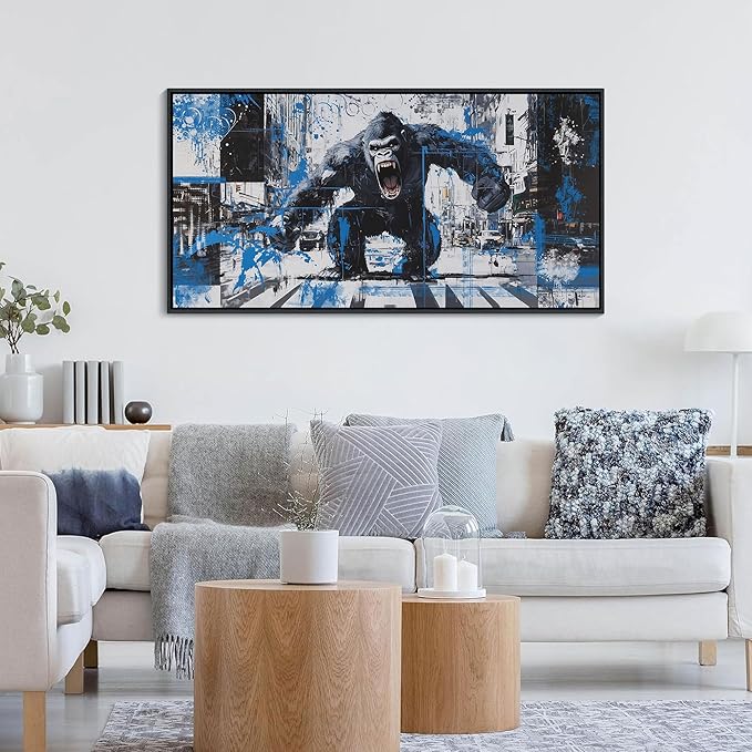 JEAWA Bathroom Framed Wall Art, Angry Gorilla Abstract City Street Graffiti Cool Pop Canvas Paintings Black and White Modern Picture for Living Room Bedroom Men Teenage Boy Game Room Decor 20x40 IN