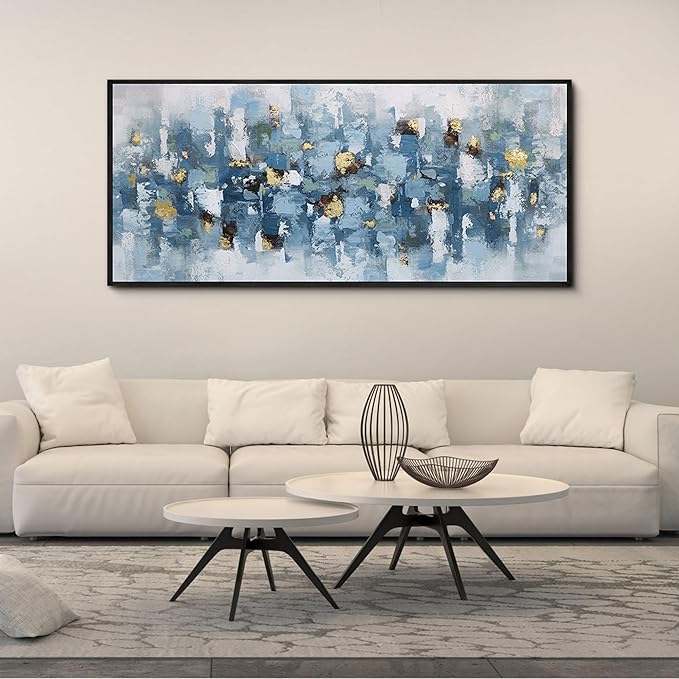 KLAKLA Blue and White Abstract Wall Art - Living Room Wall Decor Gold Picture Artwork for Walls Prints Paintings Framed Canvas Bedroom Office Guest Room Home Decoration 70x31 Inches