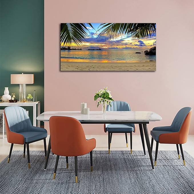 Canvas Wall Art Tropic Beach Sunset Palm Tree Leaves Large Nature Canvas Pictures Coast Landscape Canvas Artwork Seascape Ocean Contemporary Wall Art for Living Room Home Office Wall Decor 20" x 40"