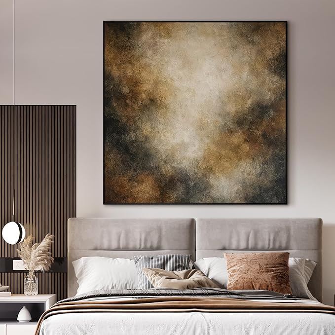 46"x46" XL Framed Wall Art - Neutral Abstract Brown and Beige Cloud-Like Painting Minimalist Foggy Forest Tranquil (Frame Assembly Required)