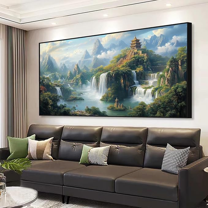 Cadeali Fantasy Waterfall Canvas Art, Japanese Temple, Buddhist Architecture, Mountain Landscape, Asian Mythology, Living Room Wall Decor (Gold Framed, 55"x27")