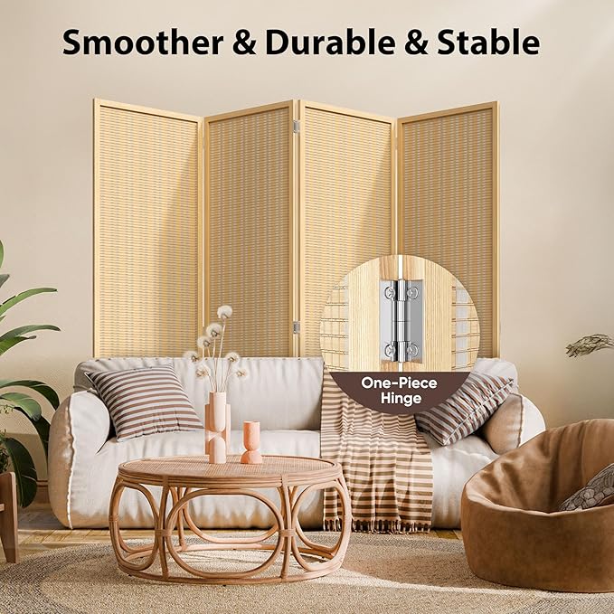 JOSTYLE Room Divider 4 Panel Folding Privacy Screen, Bamboo Room Divider Screen - 6 ft. Tall Wall Divider for Room Separation Freestanding Partition Separators, Beige