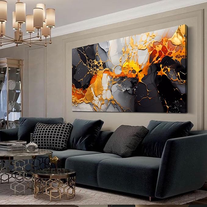 Canvas Wall-Art Black and White - Large Abstract Wall Art for Living Room - Yellow Wall Decor Bedroom Office Pictures Size 29" x 59"