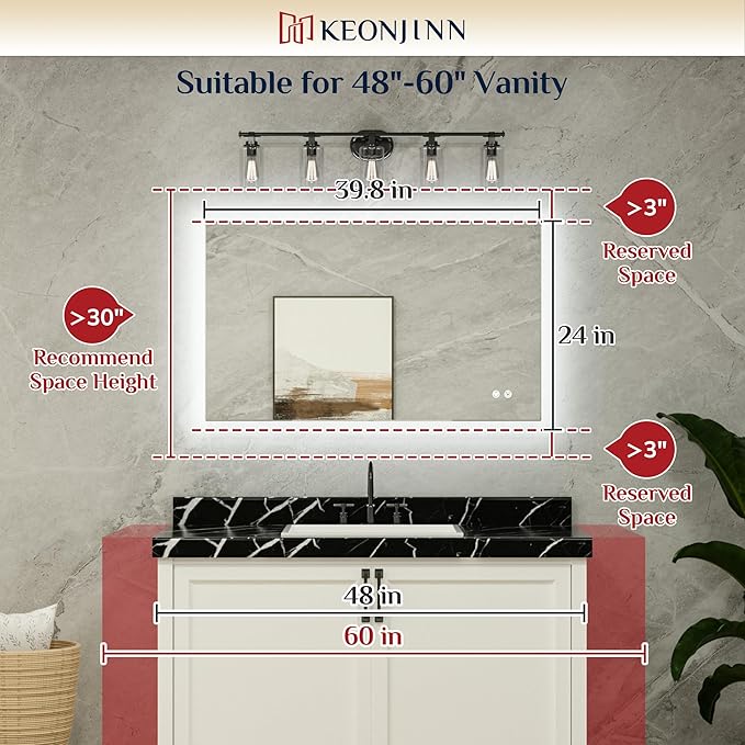 Keonjinn 24 x 40 Inch LED Bathroom Mirror with Backlit, Anti-Fog Vanity Mirror with CRI90+ HD Tempered Glass, Stepless Dimmable, High Lumen, UL Listed, Waterproof, Horizontal/Vertical