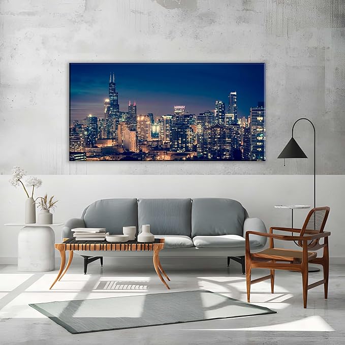 NAN Wind Modern Canvas Painting Chicago Skyline at Night Wall Art Cityscape Picture Print on Canvas Blue City Cool Building Giclee Artwork for Home Office Living Room Bedroom Decoration Framed