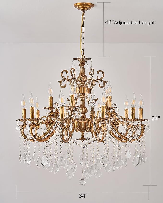15 Light Classic Vintage Crystal Candle Chandeliers for Living Room Dining Room Foyer Entryway Antique Gold Finish