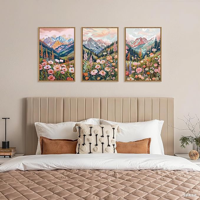 Large Colorful Floral Mountain Framed Canvas Wall Art,Natural Ridge Blossom Wall Decor, Boho Botanical Artwork, Modern Scenery Art Print for Living Room,Bedroom,Office- 24"x36"x3