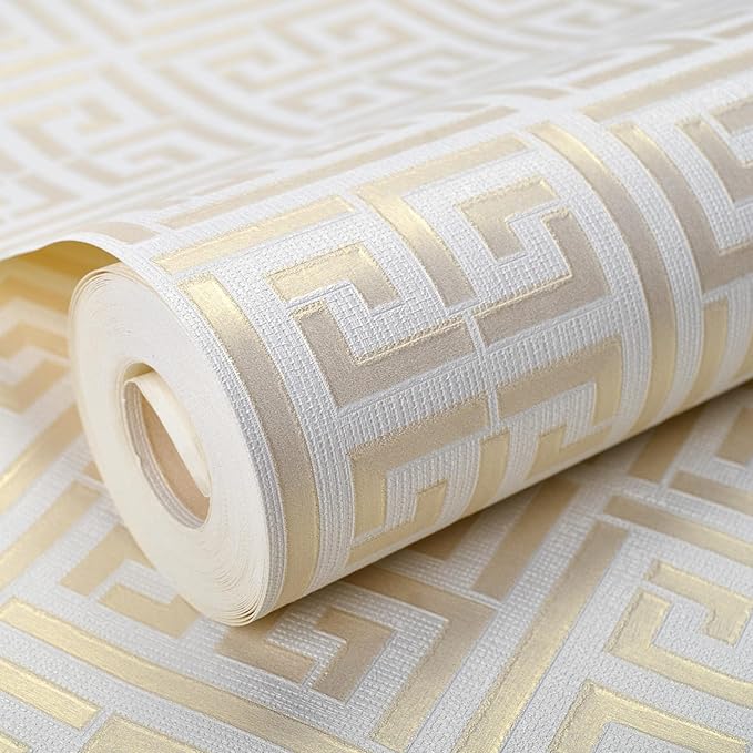 20.8"x390.0"Greek Key Traditional Wallpaper Modern Classic Geometric Trellis Non-Pasted Wallpaper Gold/White Textured Vinyl Paper Washable