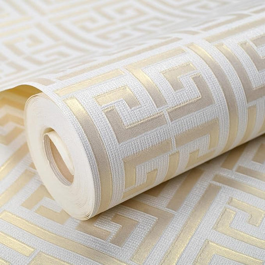 20.8"x390.0"Greek Key Traditional Wallpaper Modern Classic Geometric Trellis Non-Pasted Wallpaper Gold/White Textured Vinyl Paper Washable
