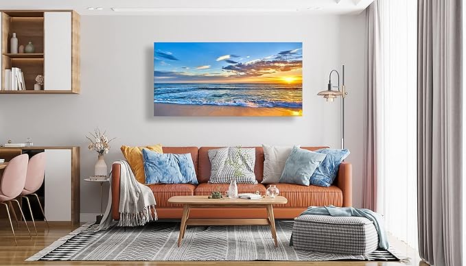 Aibonnly Wall Art Canvas Painting Seaside Sunset over the beaches 1 Piece blue sea view Landscape Ocean Picture Poster Print Framed Ready to Hang for Living Room Bedroom Kitchen Office