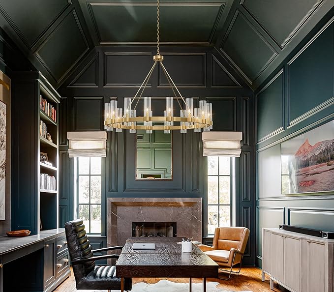 48 Inch Gold Chandelier, Wagon Wheel Chandelier with Glass Shade, 16-Lights Large Round Modern Farmhouse High Ceiling Pendant Lighting Fixture for Dining Room, Living Room, Kitchen, Foyer