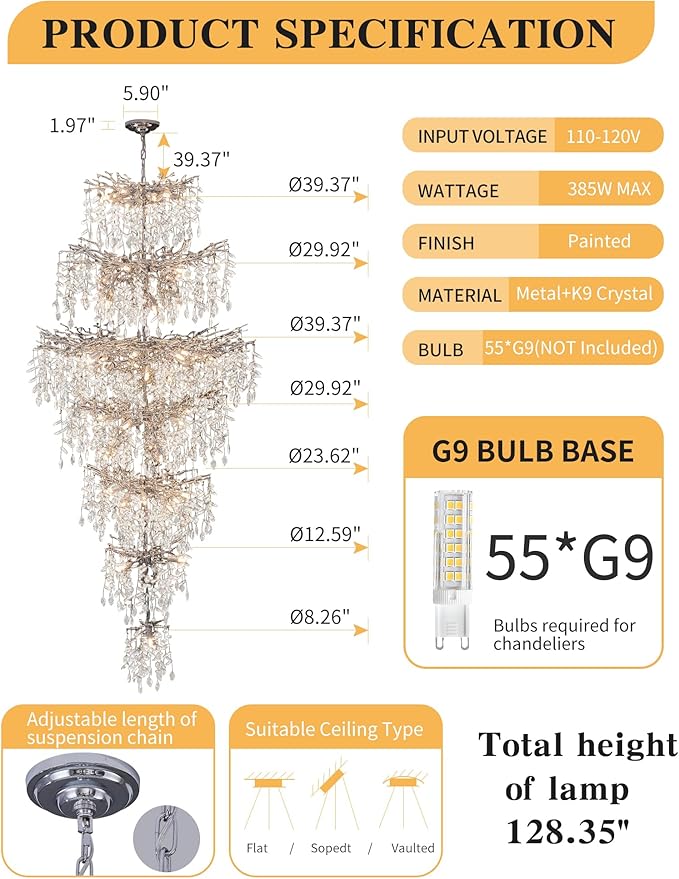 Modern Staircase K9 Chandeliers, Luxury Silver Long 7-Tier Large Foyer Entrance Chandeliers for High Ceiling Big Crystal Chandelier(Height 87 Inch 55 Lights)