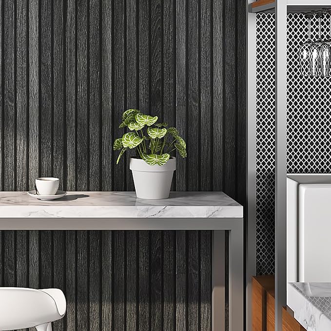 Livelynine 15.8x394 Inch Wood Black Peel and Stick Wallpaper for Bathroom Renter Friendly Wood Slats for Wall Ceiling Slate Dark Moody Black Wall Paper Peel and Stick Cabinet Vinyl Wrap for Kitchen