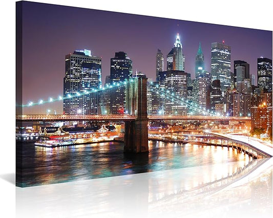 NAN Wind 1PCS New York City Skyline Canvas Wall Art Brooklyn Bridge at Sunset Golden Hour Manhattan Cityscape Pictures Canvas Artwork East River Reflection Modern Urban Home Decor Living Room Office