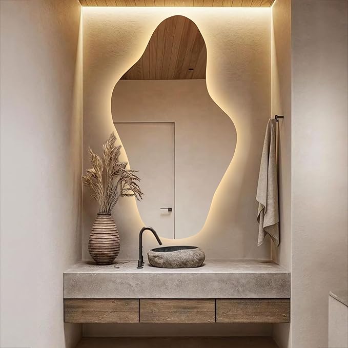 Asymmetrical Led Lighted Mirror for Bathroom, Irregular Vanity Mirror with Lights, Washbasin Backlit Led Illuminated Wall Mirror (Warm Ligth, 22.5"x39.4" inc | 57x100 cm)