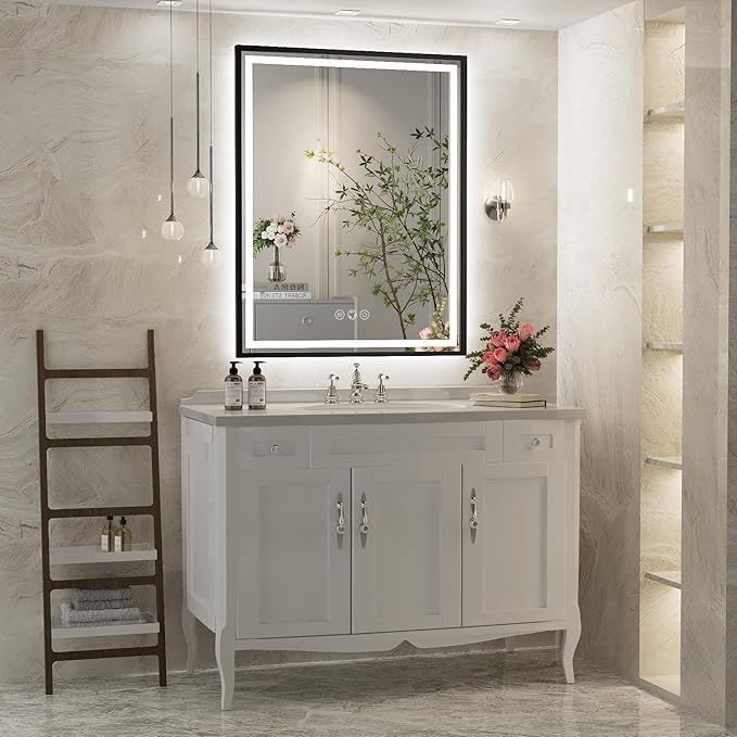 28X36 Inch Framed LED Lighted Bathroom Mirror,Backlit and Front Wall Mounted Black Metal Vanity Mirrors with Lights,Double LED Dimmable Illuminated & 3 Colors Temperature Anti-Fog Mirror