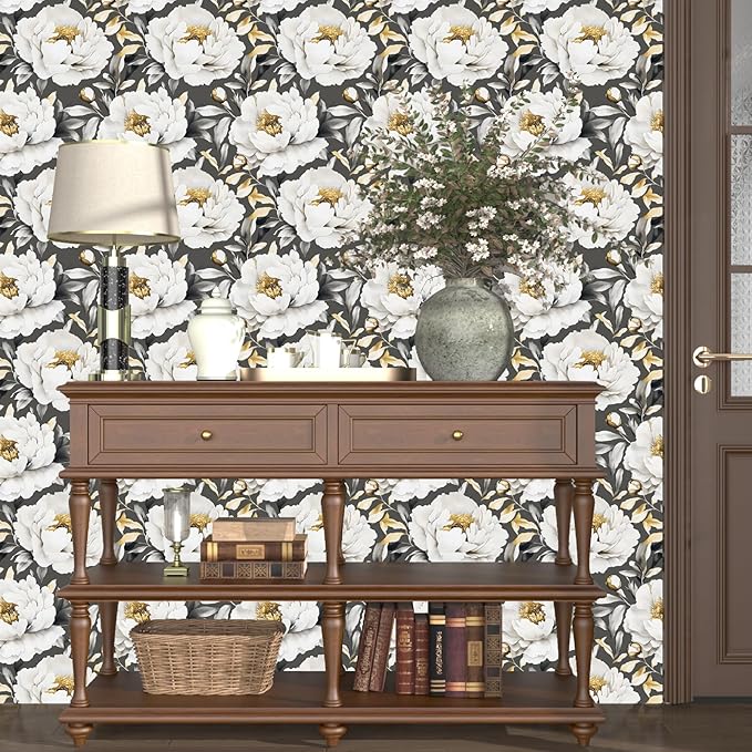 Boho Wallpaper Peel and Stick Dark Floral Wallpaper for Cabinet 17.5x118in Waterproof Removable Modern Large Flowers Leaf Wall Paper for Room Walls Bathroom Decor