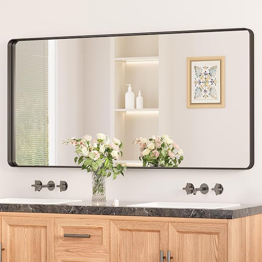 Keonjinn Black Bathroom Mirror for Over Sink, 48 x 24 Inch Large Rounded Rectangle Bathroom Vanity Mirror, Matte Black Farmhouse Wall Mirror, Tempered Glass, Seamless Aluminum Alloy Frame Full Mirror
