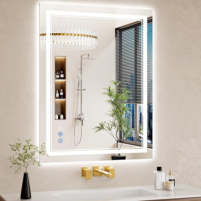 28"x36" LED Bathroom Mirror with Lights, Anti-Fog, Backlit + Front Lit, Dimmable, Led Vanity Mirror for Wall, Lighted Bathroom Mirror, 3 Colors, Shatter-Proof Tempered Glass