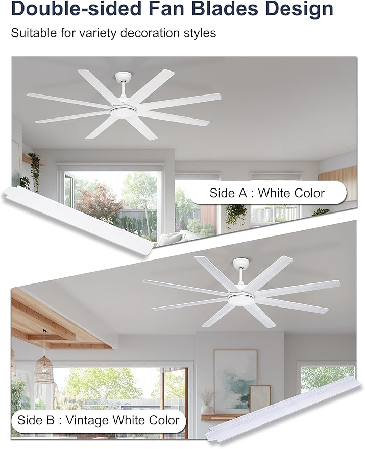 72 Inch Large Ceiling Fans Without Lights, 8 Blades White Ceiling Fan Remote/APP Control, Reversible Big Ceiling Fan for Shop Garage Living Rooms