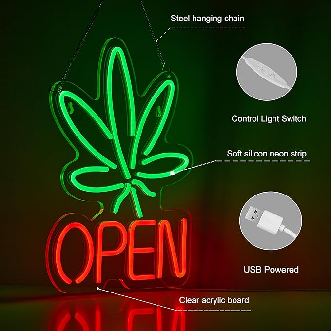 Marijuana Open Neon Sign for Wall Décor Hemp LED with Dimmable Switch Sign Man Cave Art Bars Beer Cannabis High Life Neon Signs Light