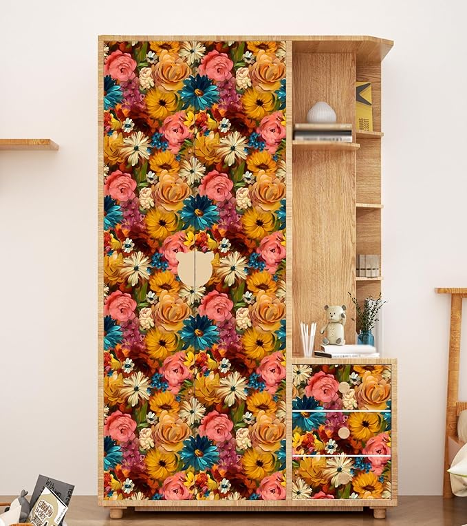 Boho Pink Floral Peel and Stick Wallpaper 17.5" x 393" Orange Flower Contact Wall Paper Vintage Colorful Art Wall Mural Vinyl for Bedroom Bathroom Cabinet Waterproof Self Adhesive Removable Renter