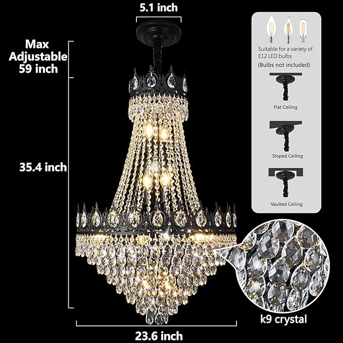 KoKo&Yukina Black 23.6" French Empire Crystal Chandelier - 14 Lights K9 Modern Farmhouse Adjustable Hanging Light for Living Room, Dining Room, Bedroom