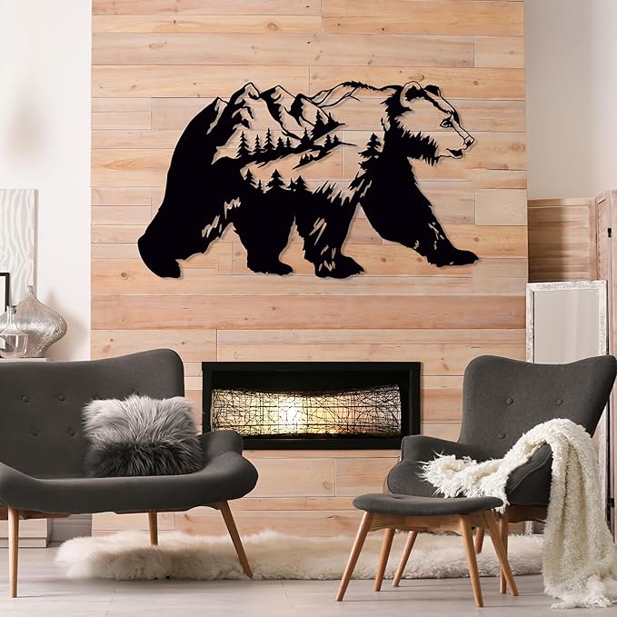 Bear Pine Tree and Mountain Metal Wall Art, Huge Nature Theme Wall Hanging, Wilderness Wall Decor, Forest Decor for House Living Room Bedroom, Natural Scenery Wall Sign, Lodge Decor, Bear Lovers Gift