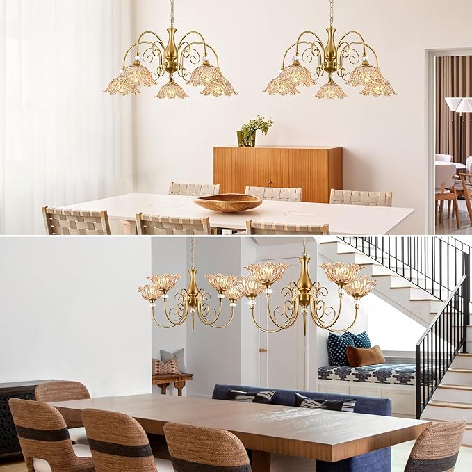 5-Light Vintage Chandeliers in Matte Brass Finish with Amber Glass Shades, Retro Chandelier Light for Dining Room,Hallway,Kitchen