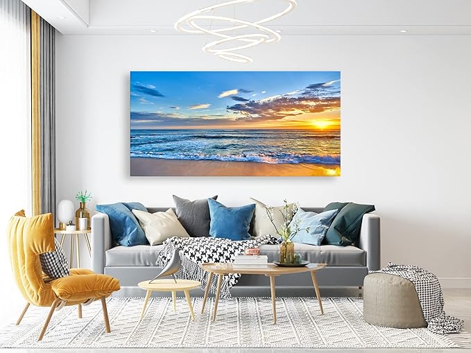 Aibonnly Wall Art Canvas Painting Seaside Sunset over the beaches 1 Piece blue sea view Landscape Ocean Picture Poster Print Framed Ready to Hang for Living Room Bedroom Kitchen Office