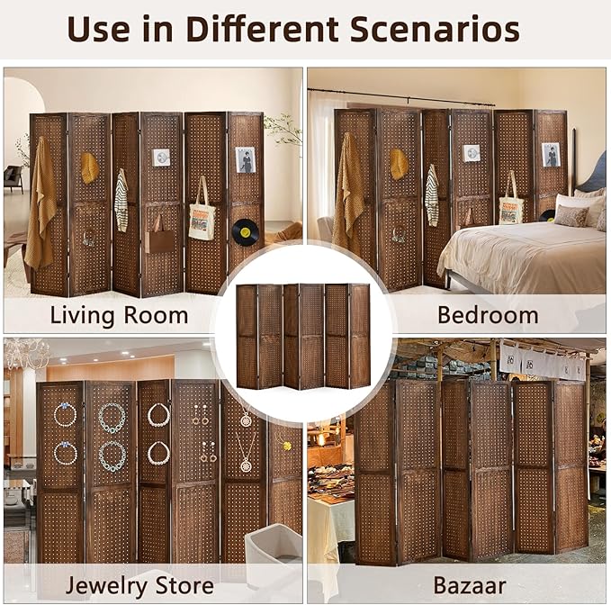 6 Panel Pegboard Display with 24 Hooks,Partition Room dividers, Wooden Room Divider Wall and Folding Privacy Screens, Pegboard Room Divider, Bedroom, Balcony, Dark Brown