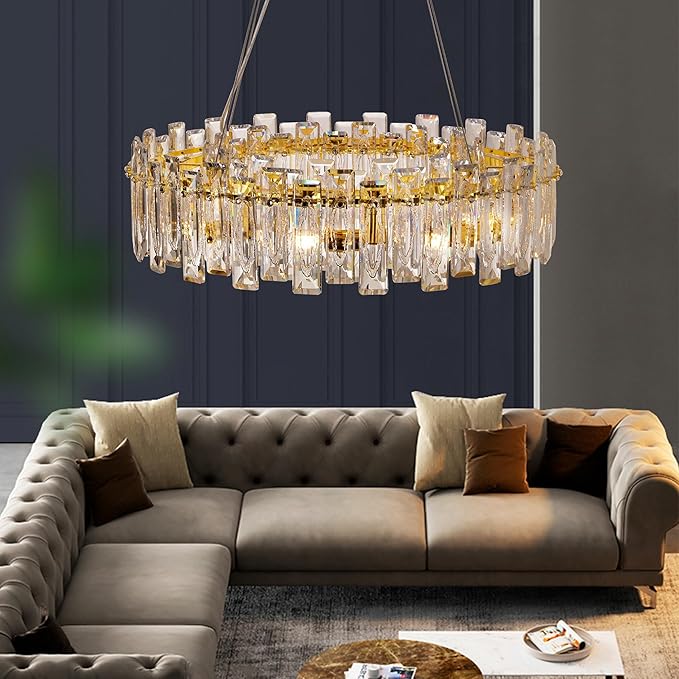 Modern Luxury K9 Crystal Chandelier 8-Lights Gold Round Pendant Light Easy Install Ceiling Hanging Light Fixture for Dining Living Room Kitchen Island Entryway Foyer D23.6