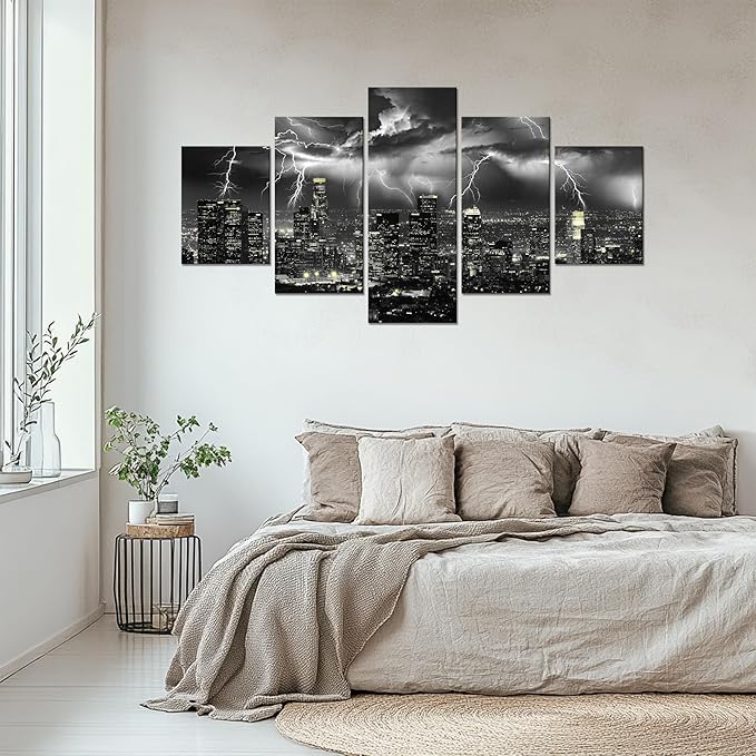 Cawpom Wall Art Los Angeles Black and White Wall Decor Lightning Storm Pictures Frame Storm Cityscape Canvas Print Natural Landscape Painting Poster Home Living Room Decoration(60x32 inches)