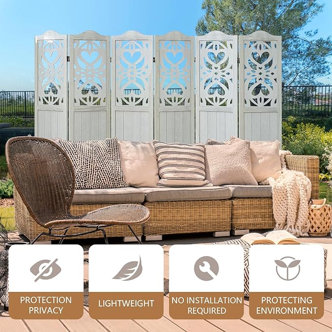 6 Panel Wood Room Divider 5.6Ft Carved Room Divider and Folding Privacy Screen, Minimalism Portable Partition Screen Divider for Room Separation, Room Decoration for Home Office - White