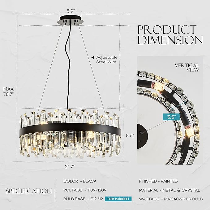 21.7" Black Modern Crystal Chandelier Light Fixtures Luxury 2 Ring Crystal Chandeliers for Dining Room 12-Light Round Hanging Pendant Lighting for Living Room Kitchen Island Entryway Bedroom