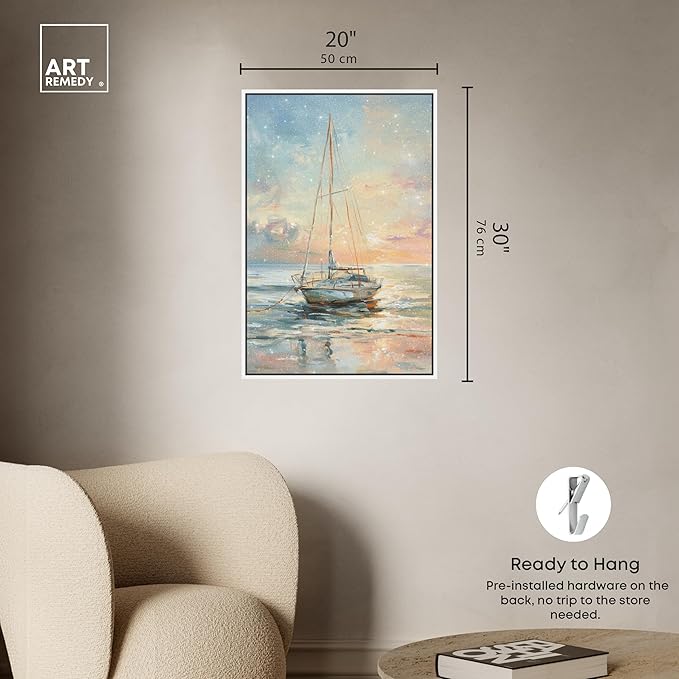 Art Remedy Boat On The Shore Framed Sailing 1 Piece Canvas Wall Art, 21" x 31", White Frame