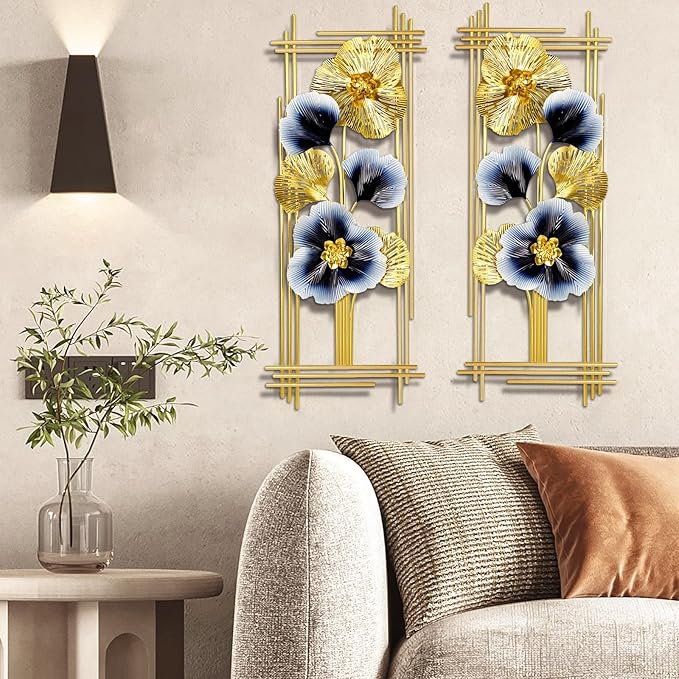 Metal 3D Wall Art Decor 2 Pcs 34" x 15" Wall Decor Handmade Golden Ginkgo Leaf Blue Flower Hanging Home Decor Wall Sculpture Modern for Living Room, Bedroom, Dining Room, Office and Hotel Large