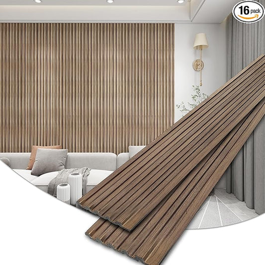 KASARO 3D Faux Wood Wall Panels - 16 Pack (47.2"x4.8") Fluted Slat Paneling for Walls & Ceilings, Adhesive or Nail Install, Waterproof Textured Decor - Living Room, Bedroom, Walnut
