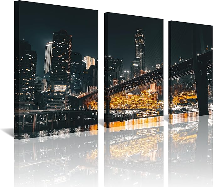 NAN Wind 3PCS Chongqing City Nightscape Canvas Wall Art Illuminated Chinese Skyline with Bridge Skyscrapers Modern Urban Landscape Photography Print for Living Room Office Bedroom Decor