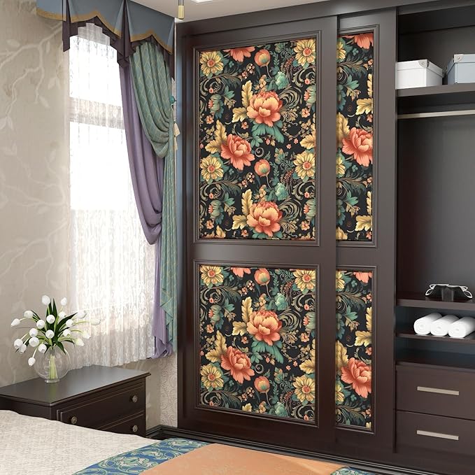 Colorful Floral Peel and Stick Wallpaper Boho Vibrant Contact Paper Stick Peel Cabinet Vintage Wallpaper for Bedroom Bathroom Wall Removable Black 17.5 x 393.5In