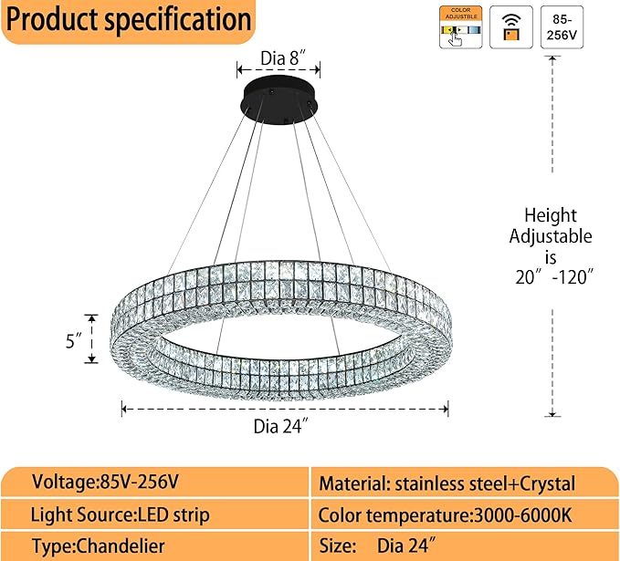 Modern Led Ring Chandeliers Dimmable Crystal Chandelier for Living Room Dining Room Ring Pendant Light Adjustable 24 inch Black