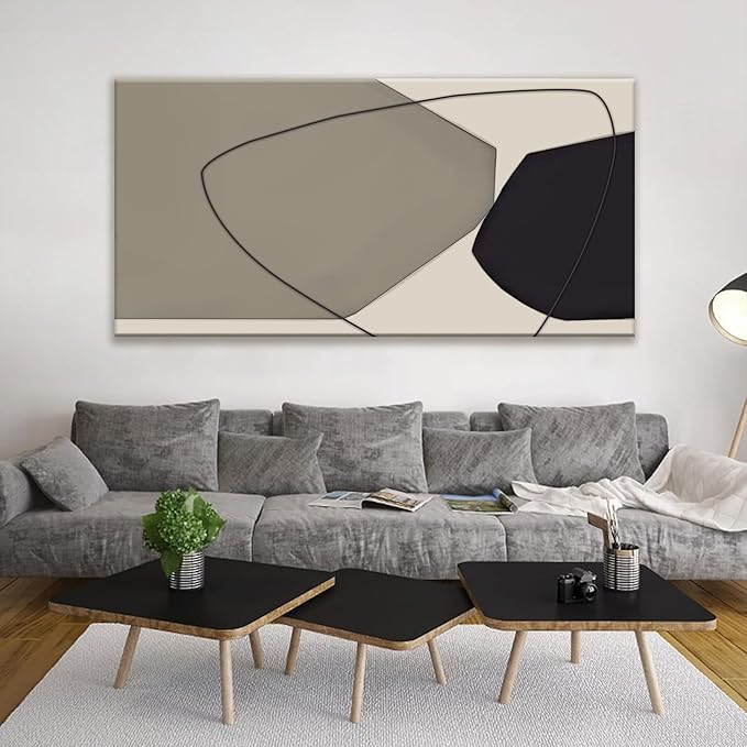 Large Abstract Wall Art Black And Grey White Wall Art Geometric Color Block Line Painting Artwork Canvas Art Wall Decor Simple Picture Artwork For Living Room Bedroom Office Home Artwork 29"X 58"