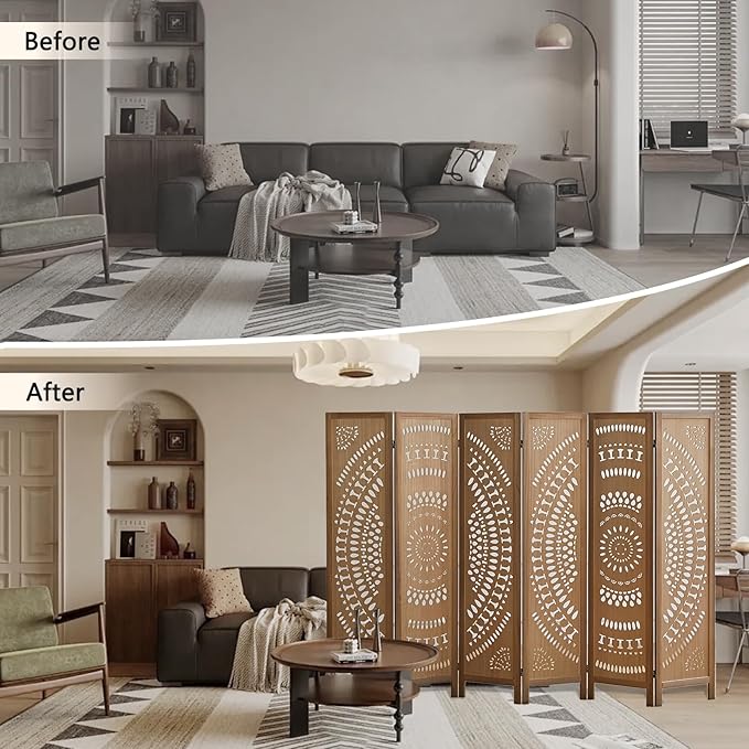 6 Panel Wood Room Divider Fully Assembled, Decorative Room Dividers and Folding Screens, 5.6Ft Room Divider Screen Freestanding Partition Wall Dividers for Home Bedroom Office, Brown