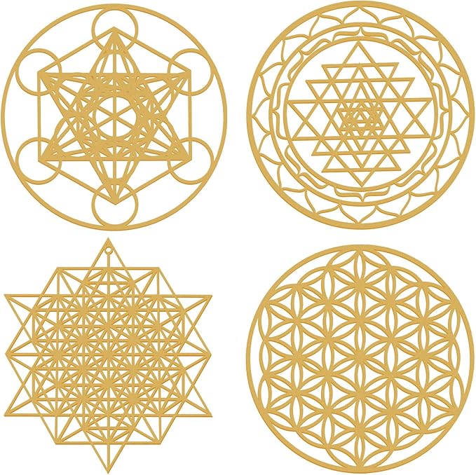 Leinuosen 4 Pcs 12 Inch Crystal Grid Board Sacred Geometric Wall Art Set Metatron Cube, Flower of Life, Sri Yantra, 64 Star Tetrahedron Pagan Decor Home Wall Decor for Room(Gold)